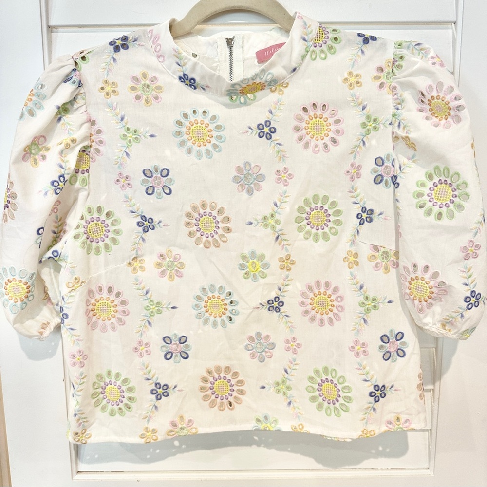 JJ’s Fairyland Eyelet Crop Floral Blouse Sz L Puff Sleeves Shirt Top